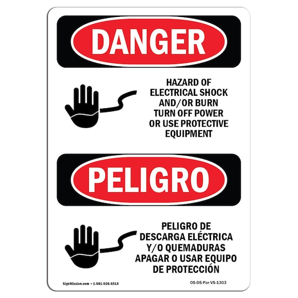 Safety Sign, OSHA, 24" Height, Rigid Plastic, Electrical Shock Burn Off Power Spanish